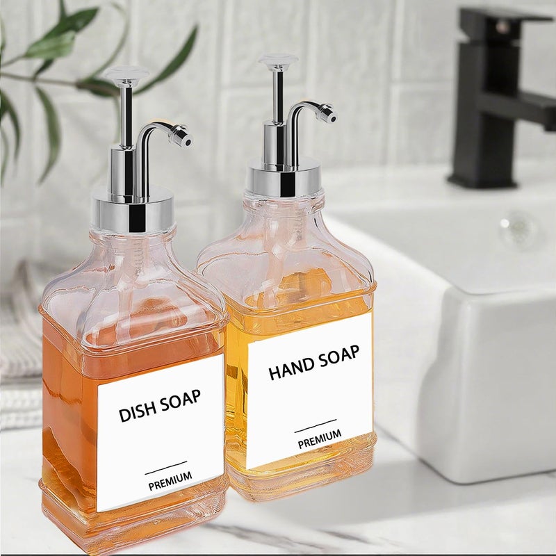 Hoousuper Dish Soap Dispenser for Kitchen, Hand Glass Soap Dispenser Set with Pump, Funnel for Bathroom, Shower, Laundry, Liquid, Lotion (Silver 2 Pack 18 Oz Clear Bottles with 12 Stickers) - Image 5
